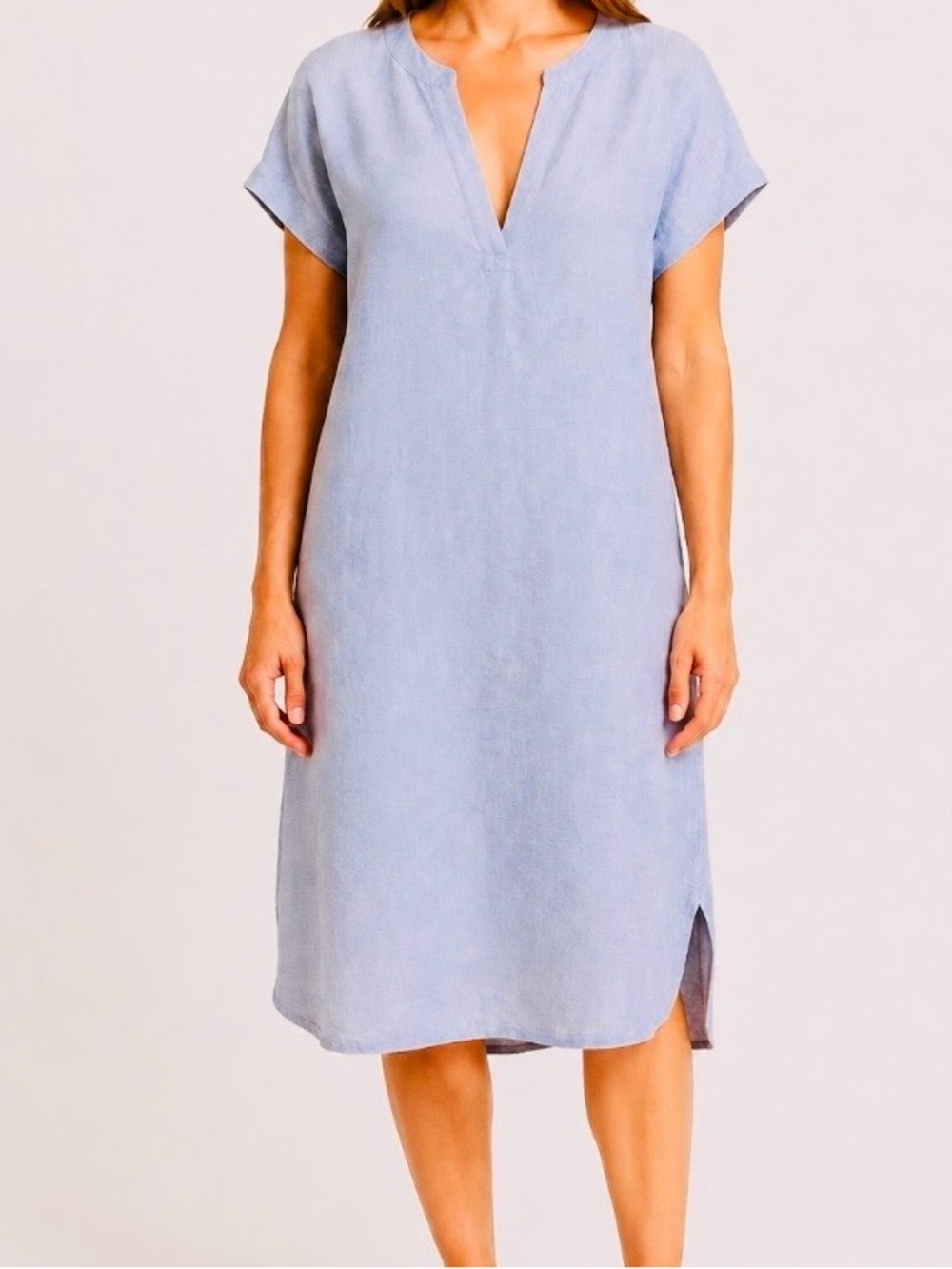 Tahari 1X Blue 100% Linen Shift Dress Short Sleeve VNeck Plus Coastal Minimalist